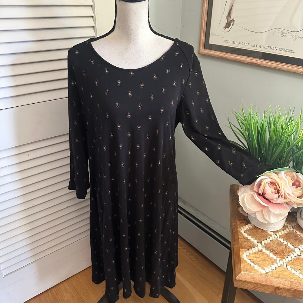Garnet Hill Dress Womens Large Black Shift Midi Modest Fall Colors Boho Chic